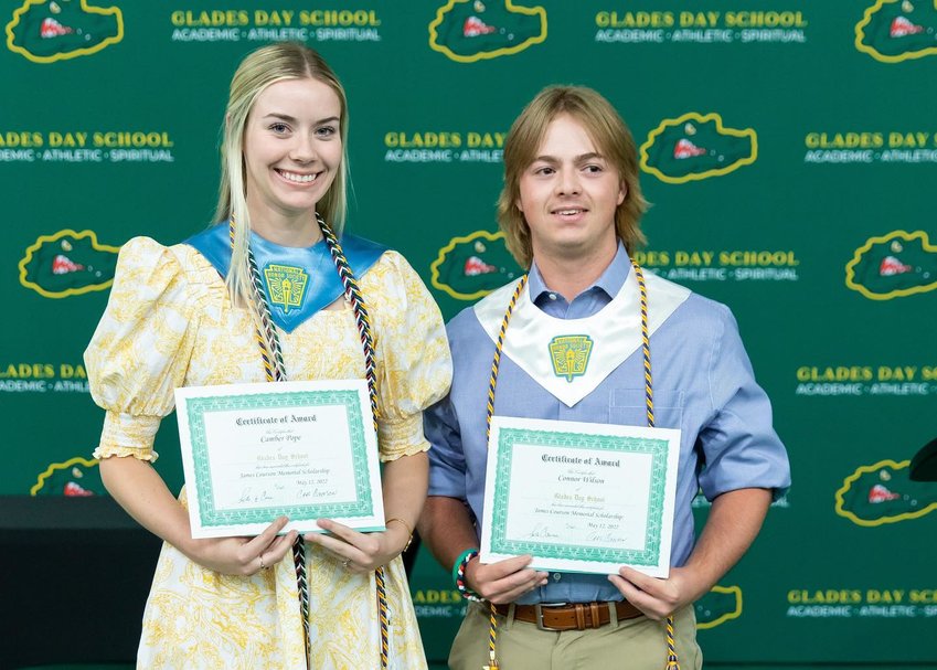 BELLE GLADE — Glades Day School seniors Camber Pope and Conner Wilson received the James Courson Memorial Scholarship on Senior Class Night on March 12.